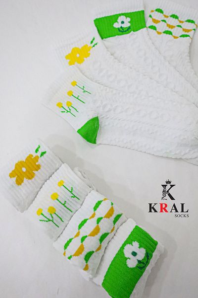 KRAL SOCKS Дамски релефни памучни чорапи до глезена с флорален мотив, 4 чифта