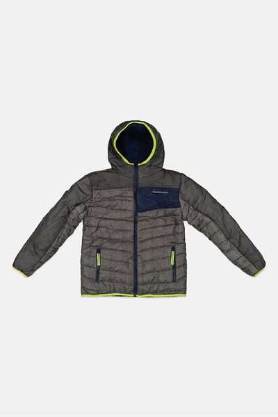 Weatherproof جاكيت بغطاء رأس ووجهين بشعار العلامة التجارية للأولاد من كيدز بوي، باللون الرمادي