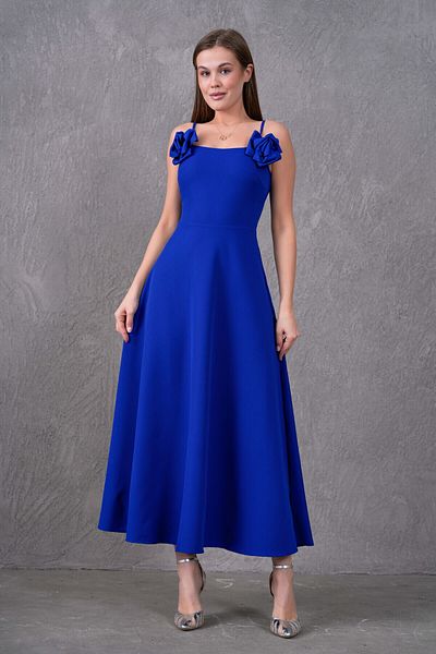 barış sülün lovebox Atlas Fabric Removable Black Rose Detail Midi Length Flared Cutout Strapless Saks Blue Midi Dress 258