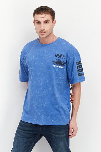 PUBG Men Oversized Fit Crew Neck Short Sleeve Printed T-shirt, Washed Blue Combo