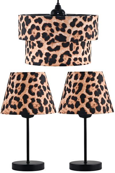 EvLight Triple Leopard Patterned Chandelier and Double Black Metal Lampshade