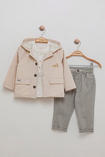Bombili Müslin Bluz Beli Lastikli Pantolon Kapüşonlu Mont Kombinli 3'lü Erkek...