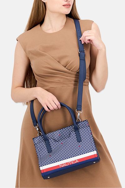 Nautica حقيبة نسائية بشعار العلامة التجارية 22 سم ارتفاع × 28 سم طول × 12 سم عرض، مجموعة اللون الأزرق الداكن
