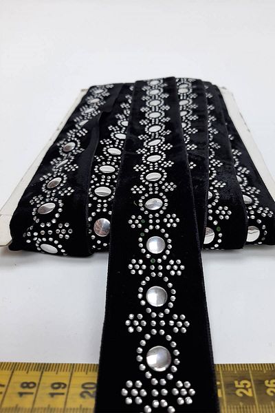 Hayalperest boncuk Velvet Patterned Black Stone Strip