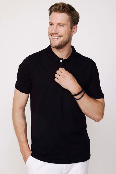 Tudors Ανδρικό T-shirt Slim Fit Slim Fit 100% βαμβακερό απλό πικέ μαύρο γιακά μπλουζάκι