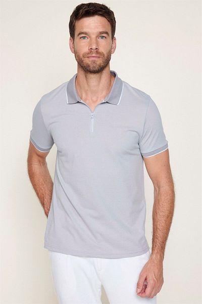 Tudors Ανδρικό μπλουζάκι Slim Fit Slim Fit Βαμβακερό μπλουζάκι με φερμουάρ γκρι γιακά πόλο