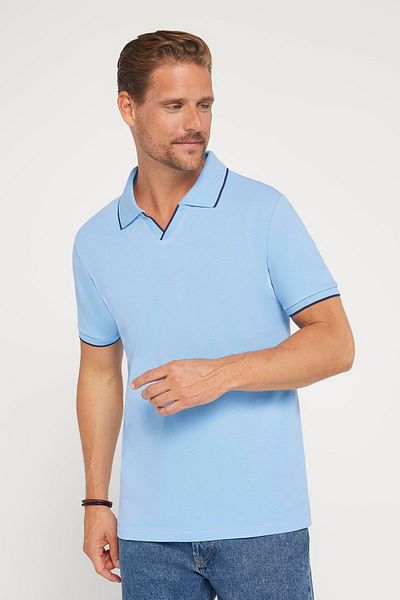 Tudors Tricou albastru cu gât polo pentru bărbați - 100% bumbac, piqué simplu, fără nasturi