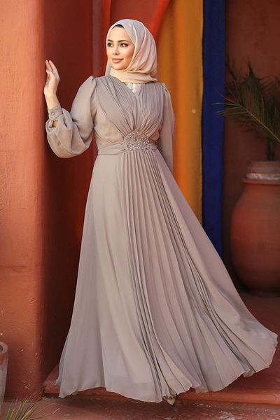 Neva Style Drape Detailed Mink Hijab Evening Dress 4448V