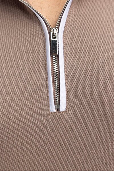 Tudors Pánské tričko Slim Fit Slim Fit 100% bavlna Plain Pique Mink Polo límec na zip