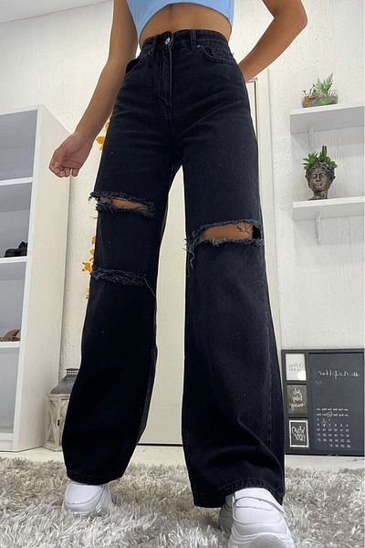 Trn JNS Criss Black Ripped - Pantaloni Palazzo din denim cu talie înaltă