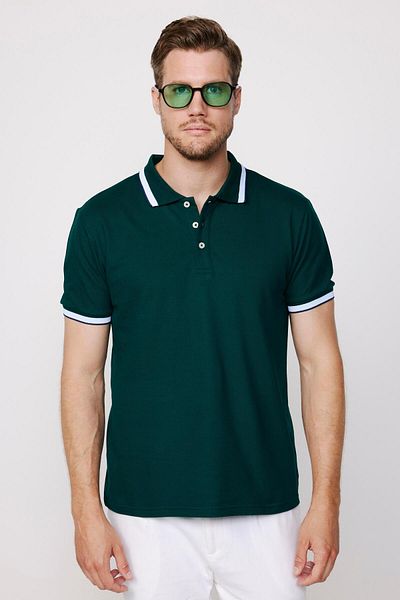 Tudors Ανδρικό μπλουζάκι Slim Fit Slim Fit 100% βαμβακερό απλό μανίκι πικέ με ριγέ πράσινο γιακά πόλο μπλουζάκι