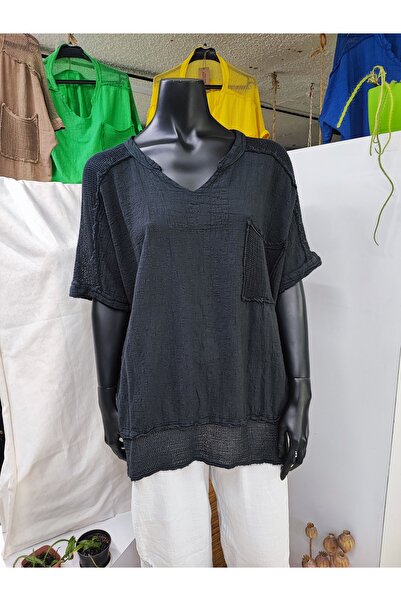 Sosyete Kaplumbağa Pamuk Keten Omuz, Cep, Etek Ucu, File Detaylı Keten Bluz