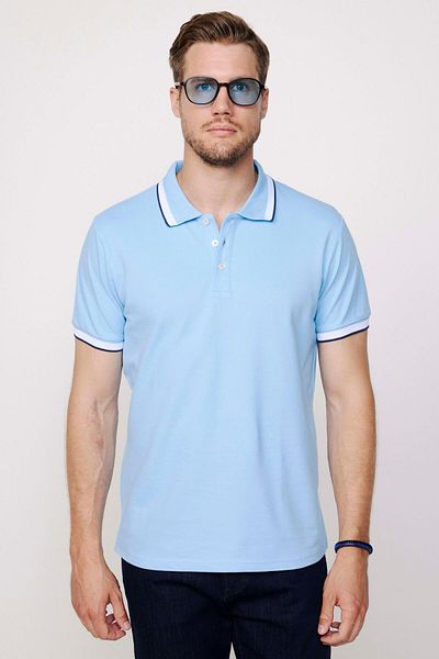 Tudors Tricou pentru bărbați, slim fit, 100% bumbac, cu mâneci piqué, cu dungi albastre, cu guler polo