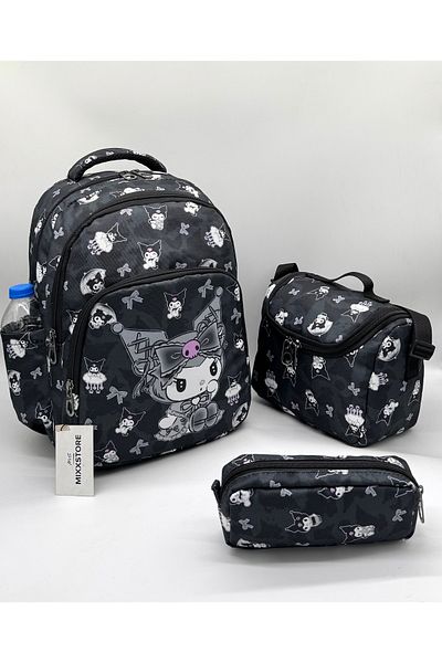 ms mixxstore Rucsac pentru școală primară pentru fete, cu model de caractere, cu folie de culoare neagră, cu suport pentru nutriție și stilou
