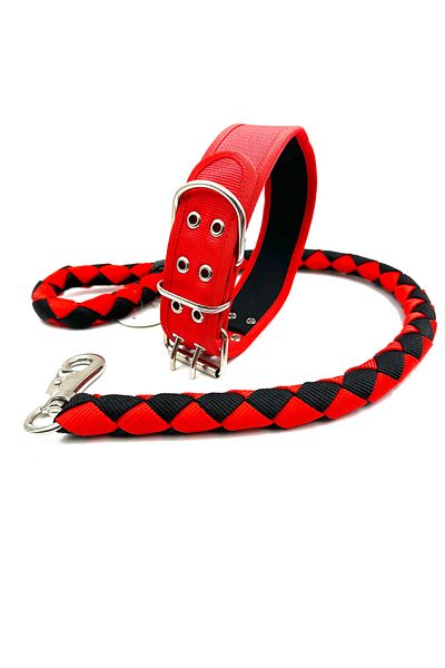 Tasma Market Red-Black Sturdy Dog Walking and Neck Collar Set