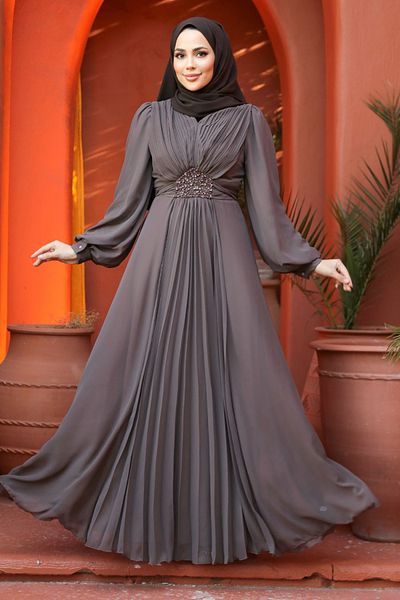 Neva Style Drape Detailed Brown Hijab Evening Dress 4448Kh