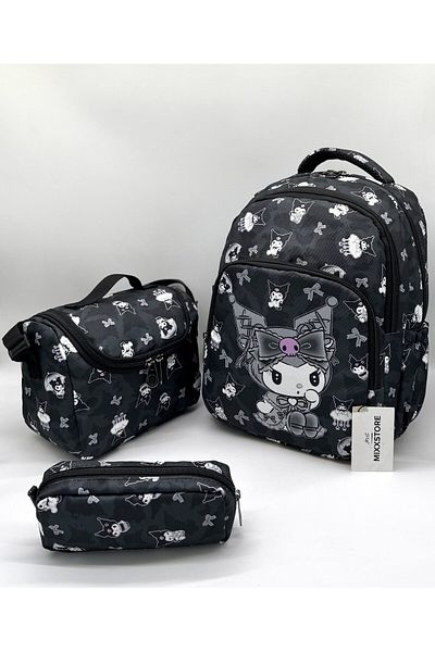 ms mixxstore Rucsac pentru școală primară pentru fete, cu model de caractere, cu folie de culoare neagră, cu suport pentru nutriție și stilou
