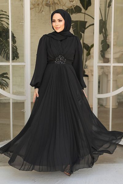 Neva Style Μαύρο Χιτζάμπ Βραδινό Φόρεμα με Drapery Detail 4448s