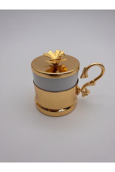 Fiyakalı Ürünler Atölyesi Single Turkish Coffee Cup with Butterfly Lid, Gold Metal Frame