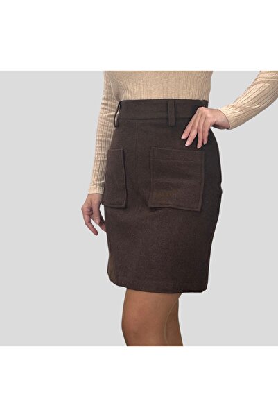 ABAS Kahverengi Kaşe Kumaş Yüksek Bel Önden Cepli Diz Üstü Mini Etek