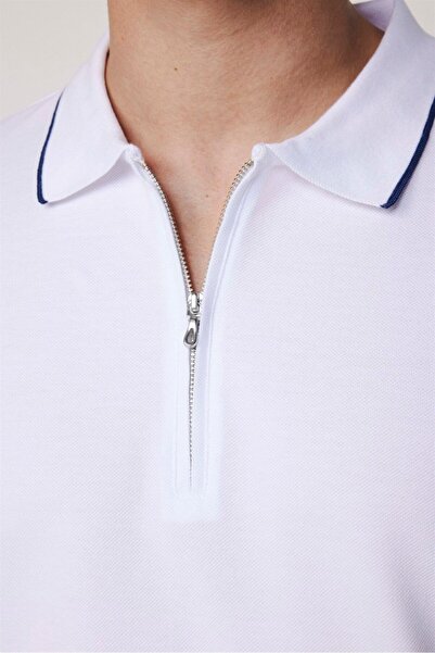 Tudors Tricou alb cu guler polo, slim fit, 100% bumbac simplu piqué, cu fermoar