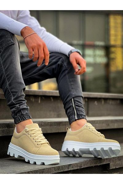 BPM KB-056 Μπεζ Suede Λευκή Ψηλή Σόλα Casual Αθλητικά Παπούτσια