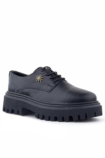 Rakerplus Pantofi oxford pentru fete din piele naturală șifonată neagră, cu detaliu cu cataramă cu șireturi