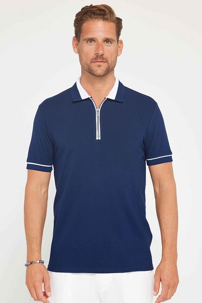 Tudors Pánské tričko Slim Fit Slim Fit 100% bavlna Plain Pique Polo límec v tmavě modré barvě na zip