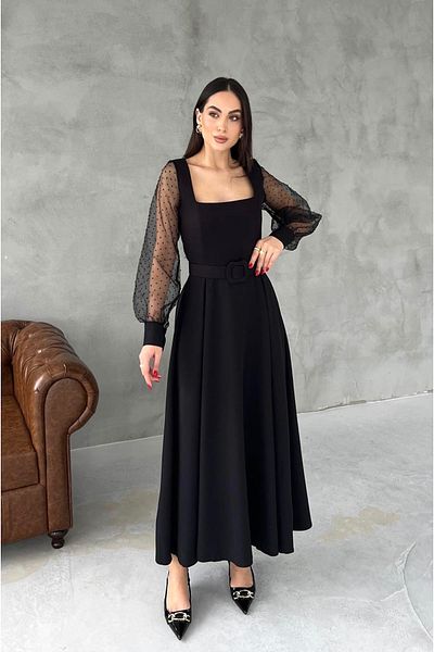 Afiş Butik Rochie detaliată cu centură cu mâneci Volare negre