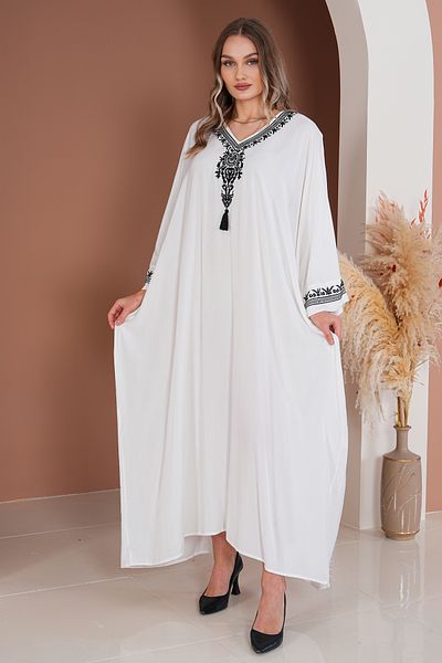 Eceyaman moda Women's Embroidered Sleeves and Collar Stone Embroidered Tasseled Large Size Dress