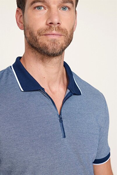 Tudors Erkek Slim Fit Dar Kesim Pamuklu Fermuarlı Lacivert Polo Yaka Tişört