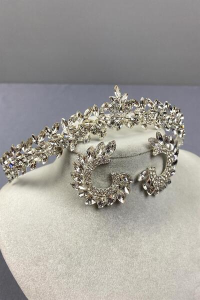 Hayalperest boncuk Silver Thin Elegant Vera Bridal Crown and Drop Shuttle Earrings