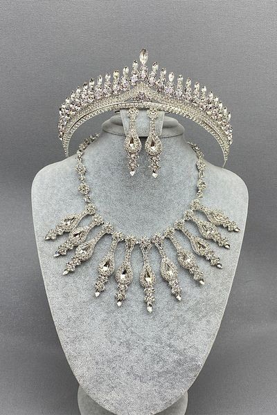 Hayalperest boncuk Silver Anteras Bridal Henna Crown and Necklace Set