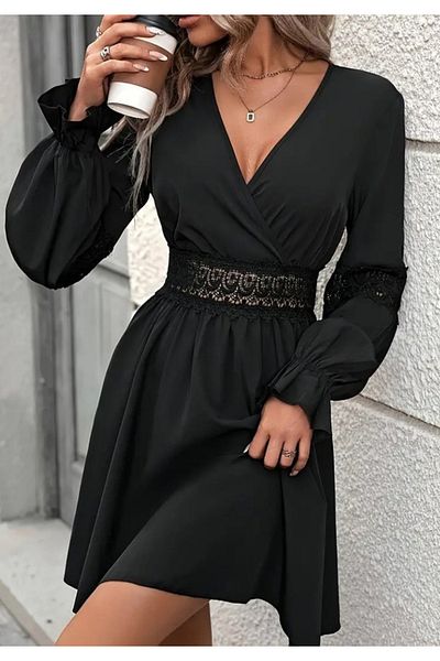 Little Visqon Rochie de damă cu mânecă lungă, cu guler dublu, cu fermoar, detaliată, scurtă, din crepon importat