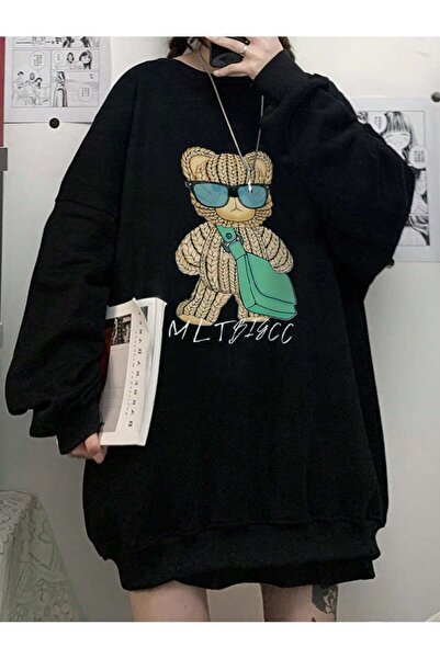 donamod Coke series Cartoon Bear & Letter Graphic Drop Shoulder Pullover