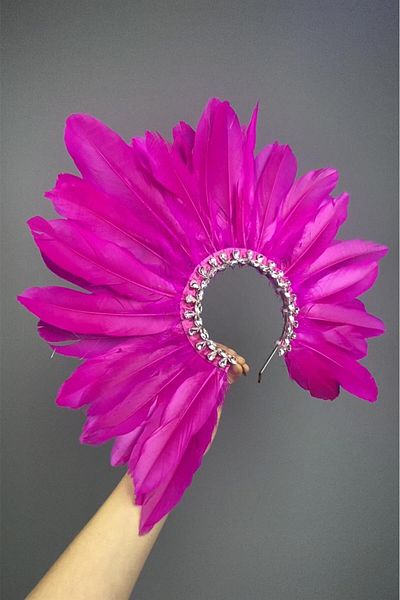 Hayalperest boncuk Fuchsia Bridal Henna Crown - Dali Feather and Stone Detailed Accessory