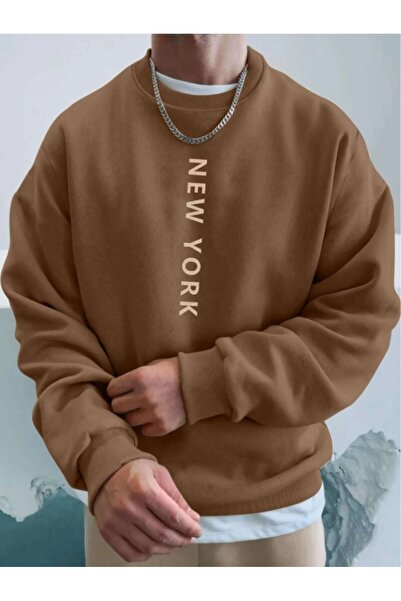 Adrift Καφέ NewYork Oversize Crew Neck Βαμβακερό φούτερ καφέ