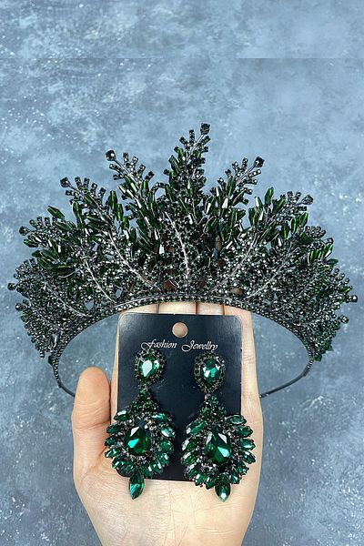 Hayalperest boncuk Green Nairobi Bead Embroidered Bridal Henna Crown and Earring Set
