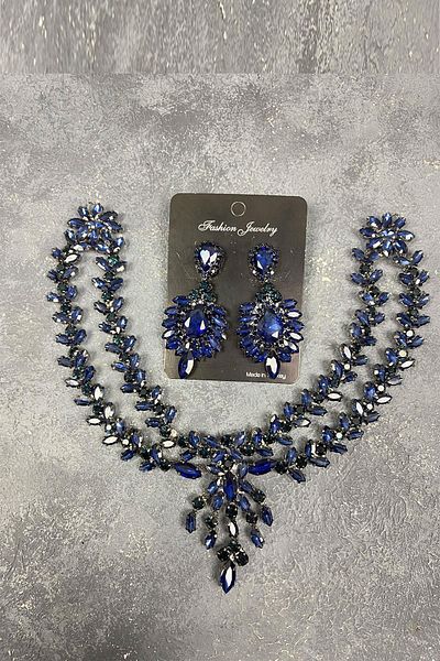 Hayalperest boncuk Navy Blue Sultan Frontlet Bridal Henna Hair Accessory and Jewelled Earring Set
