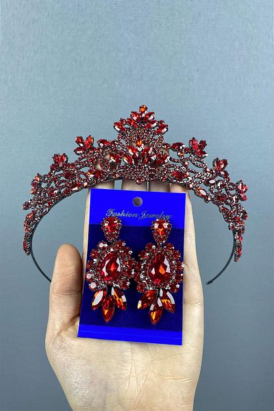 Hayalperest boncuk Red Melis Bridal Henna Crown and Shuttle Stone Earring Set