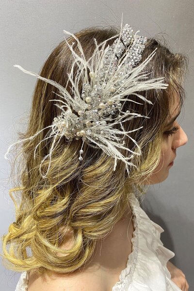 Hayalperest boncuk Gray Color Leaf Model Beaded Feather Hair and Turban Accessory