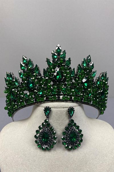 Hayalperest boncuk Emerald Green Lotus Bead Embroidered Bridal Henna Crown and Drop Shuttle Earring Set