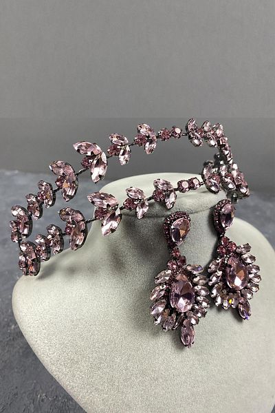 Hayalperest boncuk Alpha Pink Double Row Bridal Henna Crown and Shuttle Stone Earring Set