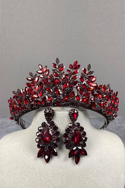 Hayalperest boncuk Set de cercei cu coroană și picătură de henna pentru mireasă Ezel 3D Burgundy