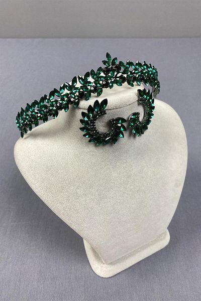 Hayalperest boncuk Green Thin Elegant Vera Bridal Henna Crown And Round Earrings