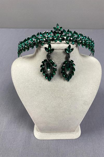 Hayalperest boncuk Coroană Vera Bridal Henna și cercei cu navetă, subțire, elegantă, verde