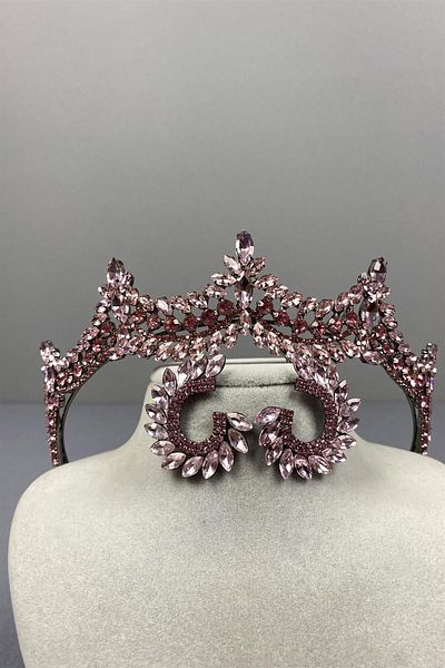 Hayalperest boncuk Pink Stone Bridal Henna Crown and Round Earring Set