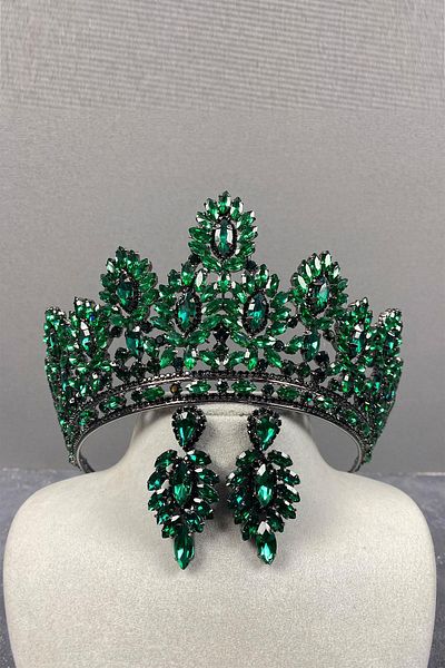 Hayalperest boncuk Green Godiva High Bridal Henna Crown and Shuttle Stone Evening Dress Earring Set