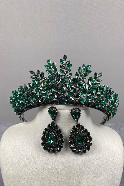 Hayalperest boncuk Ezel 3D Bridal Henna Crown and Drop Jewelled Earring Set