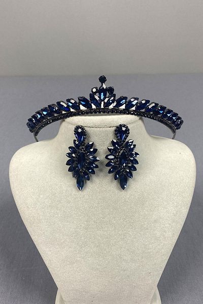 Hayalperest boncuk Navy Blue Ece Bridal Henna Crown and Thin Shuttle Stone Earrings